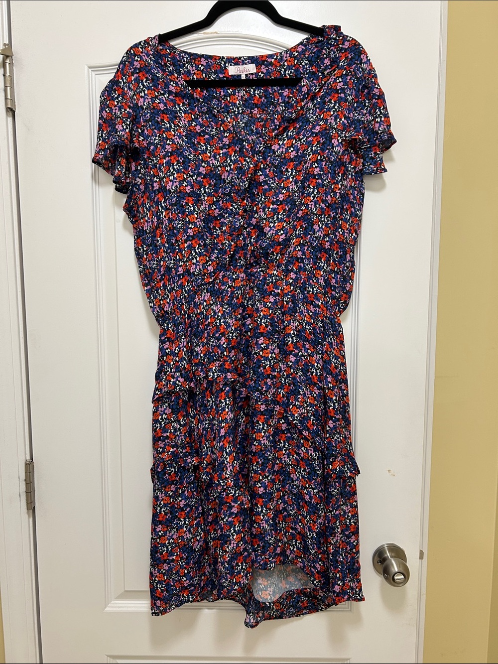 Parker Floral Midi Dress with Blue, Red & Pink Blossoms